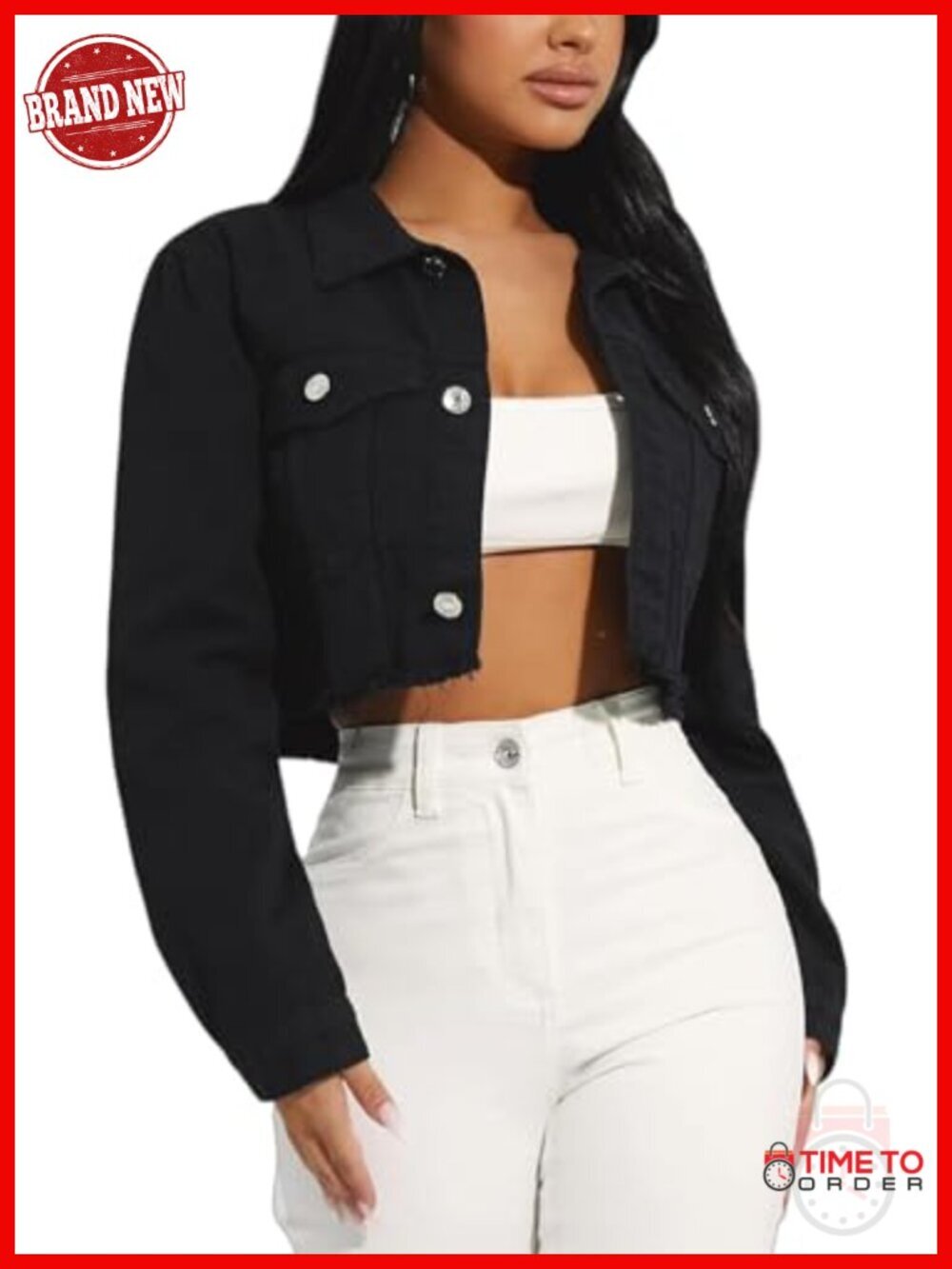 Cropped Denim Jacket with Collared Neck Long Sleeve Classic Button Front Crop